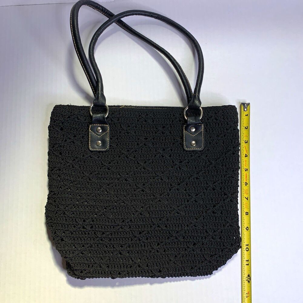 Black Crochet Knit Purse Tote Bag Zip Closure